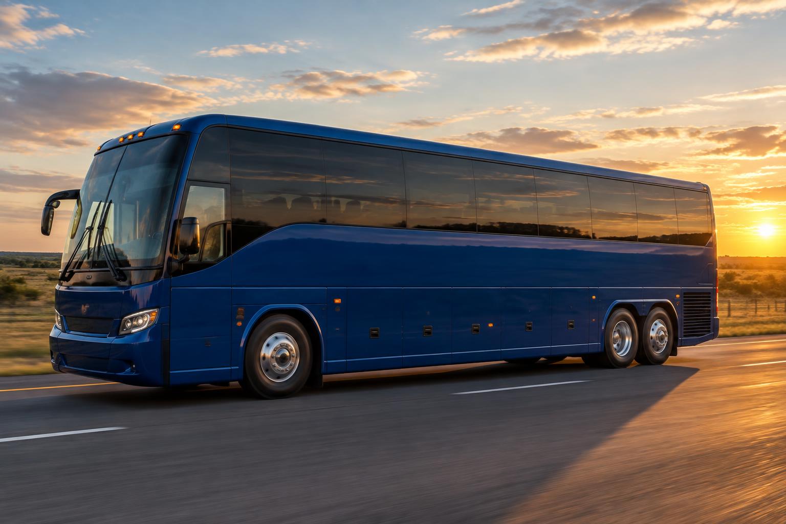 A Marked Transport motor coach in brand blue driving an open interstate, carrying the Marked Transport Services logo and the Safe. Reliable. Professional. slogan as livery on its side panel