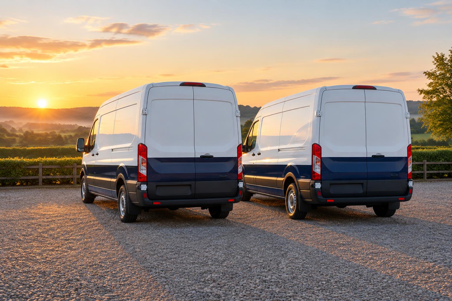 Two clean transport vans parked side by side at sunrise