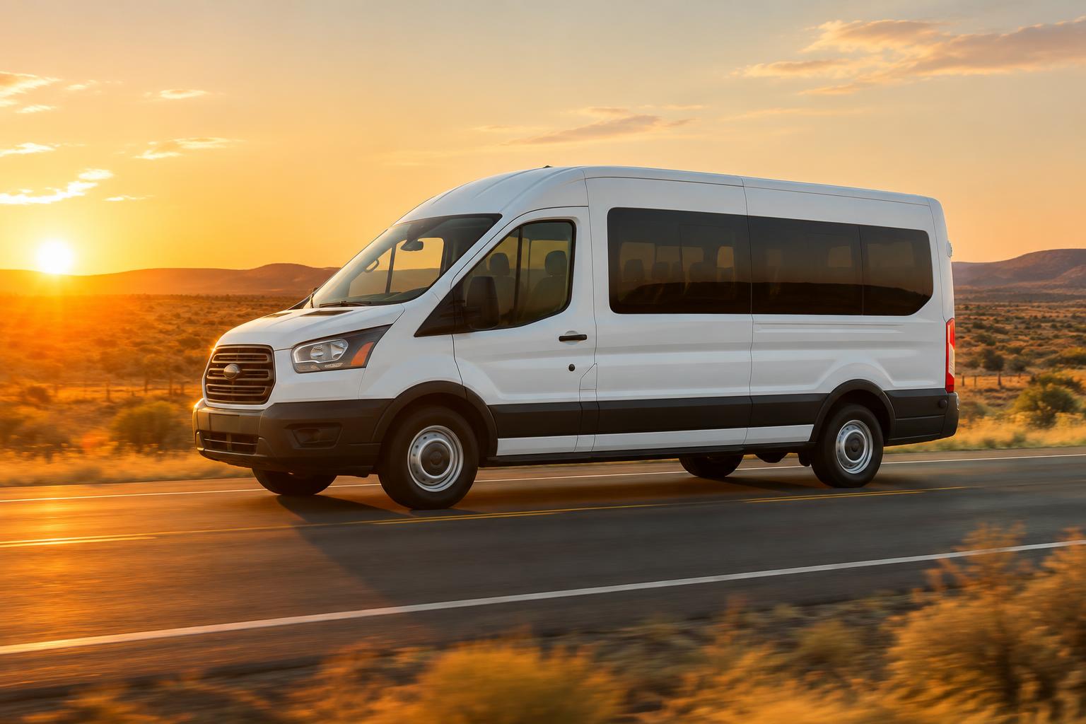A clean passenger transport van on an open highway at golden hour