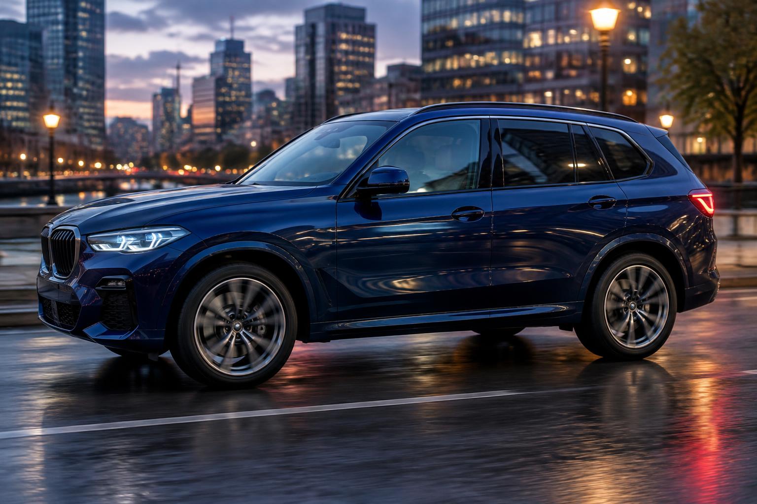 A compact transport SUV in Marked Transport blue, wearing the Marked Transport Services logo and the Safe. Reliable. Professional. slogan on its side doors, driving a city street